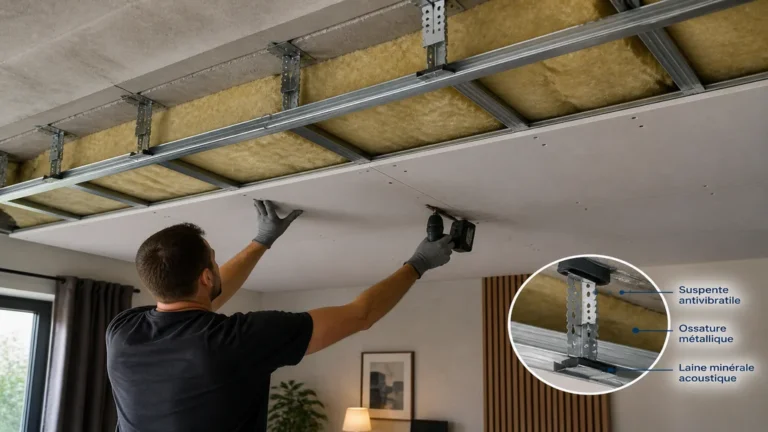 Pose d’un faux plafond acoustique avec laine minérale pour améliorer l’isolation phonique d’un logement