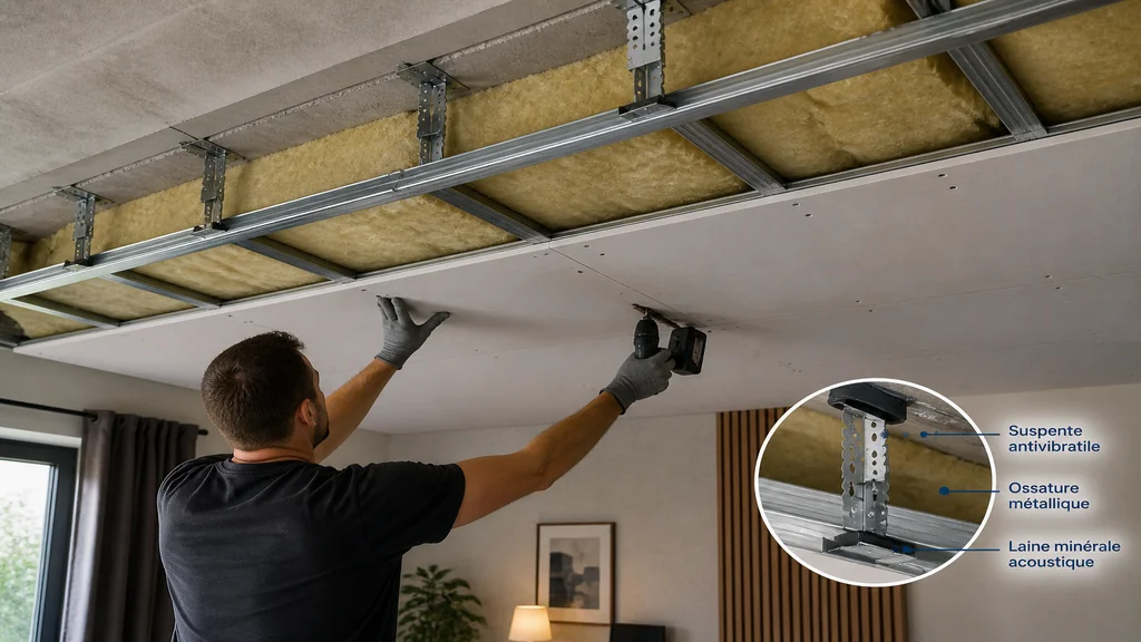 Pose d’un faux plafond acoustique avec laine minérale pour améliorer l’isolation phonique d’un logement