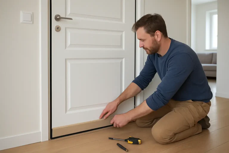 Bricoleur installant des joints pour améliorer l’isolation phonique d’une porte intérieure