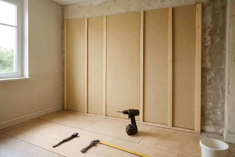 Pose de panneaux d’isolation polyuréthane sur un chantier de rénovation intérieur