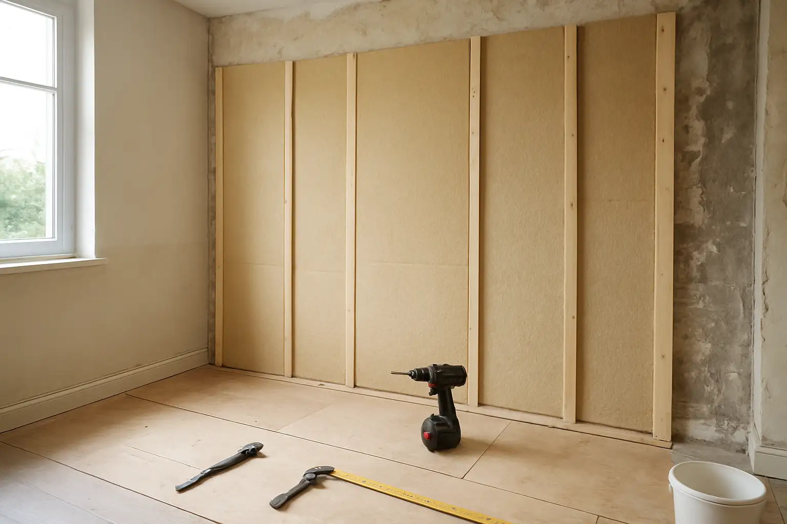 Pose de panneaux d’isolation polyuréthane sur un chantier de rénovation intérieur