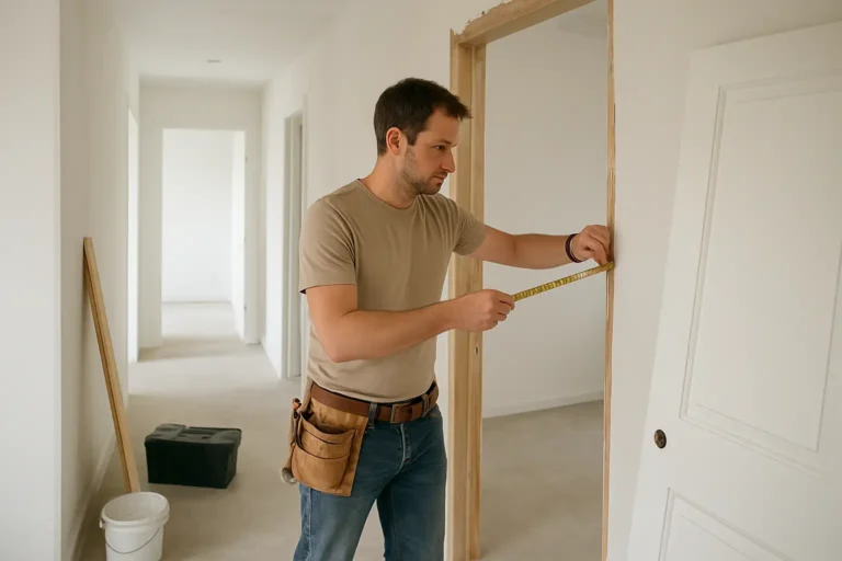 Personne mesurant la largeur d’une porte intérieure dans un intérieur en rénovation
