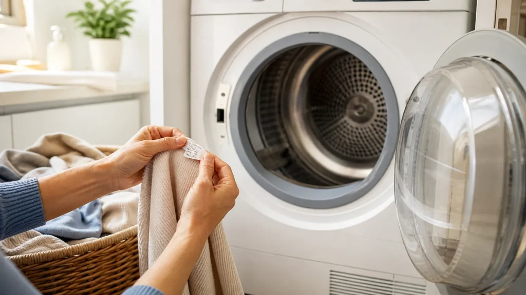 Personne vérifiant l’étiquette d’un vêtement devant un sèche-linge ouvert dans une buanderie lumineuse.