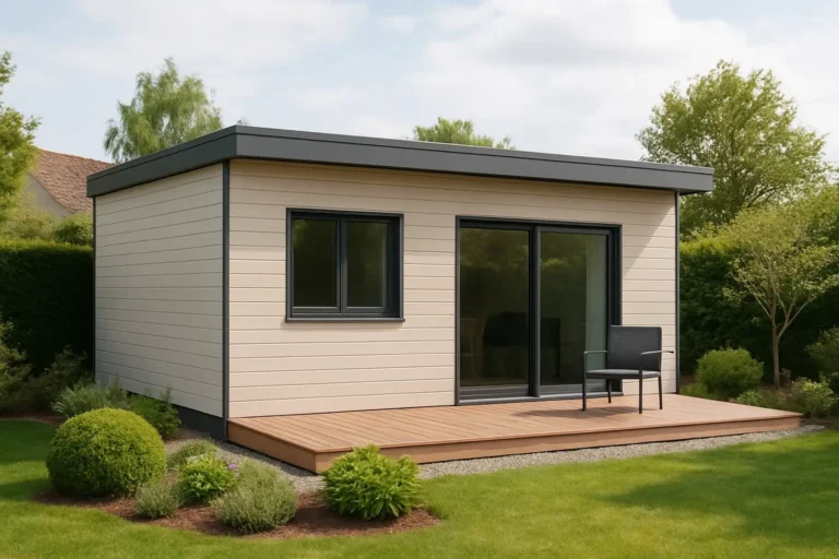 Petite maison en boîte moderne installée dans un jardin résidentiel