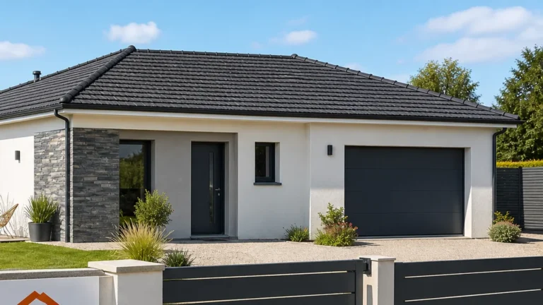 Maison individuelle moderne de plain-pied avec façade claire, toiture sombre, garage et jardin aménagé.