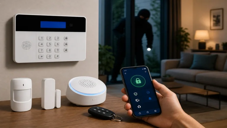 Alarme maison sans abonnement avec capteurs de sécurité et application mobile dans un intérieur moderne
