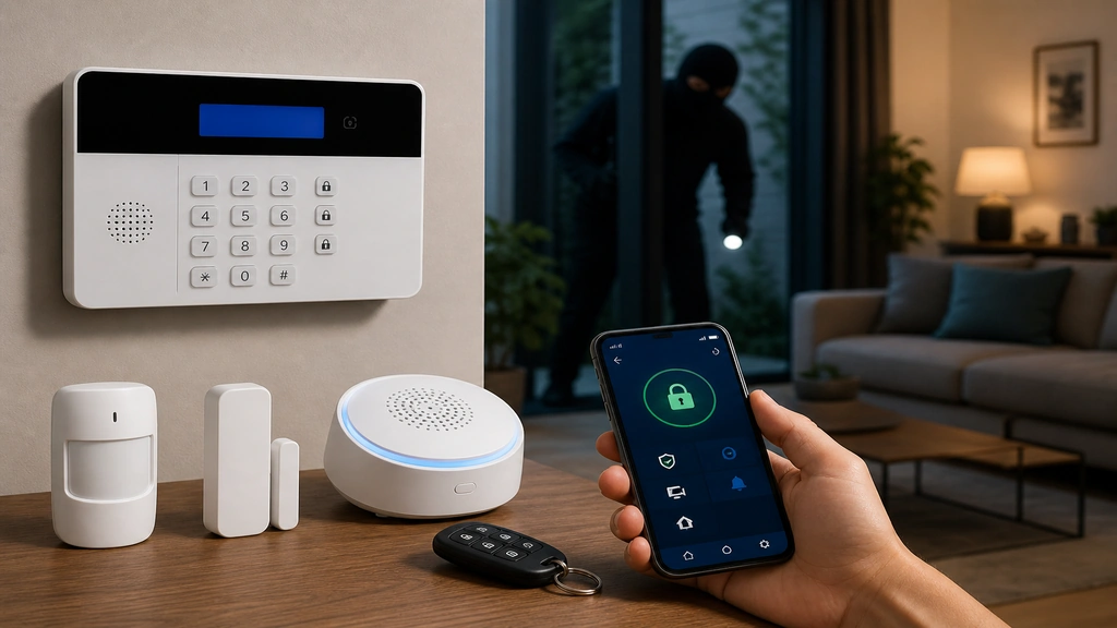Alarme maison sans abonnement avec capteurs de sécurité et application mobile dans un intérieur moderne
