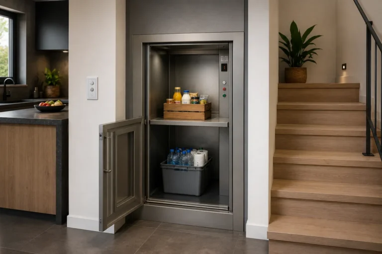 Monte charge maison intégré près d’un escalier avec courses et bouteilles transportées entre deux niveaux.