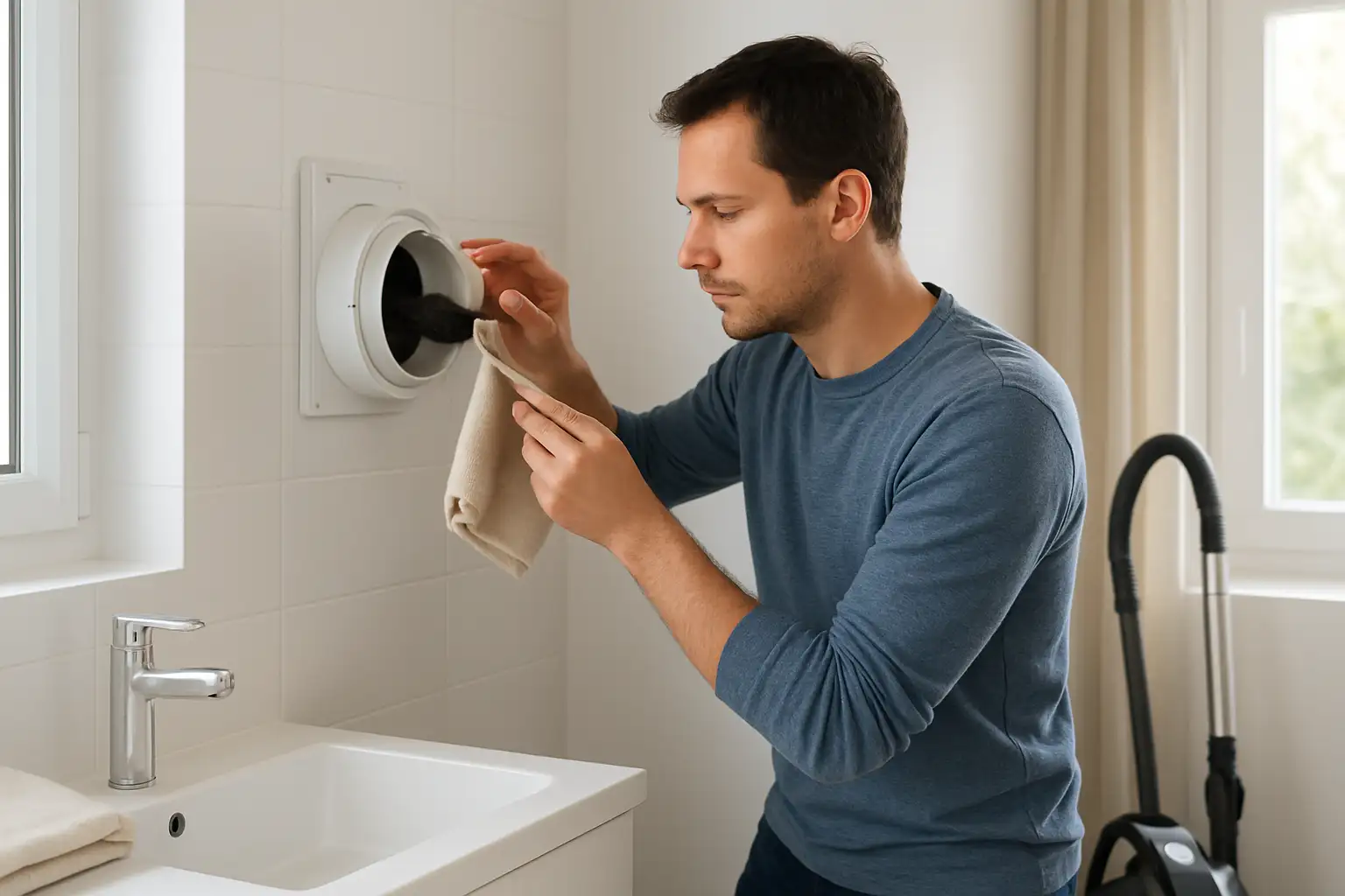 Personne nettoyant une VMC dans une salle de bain avec chiffon et aspirateur