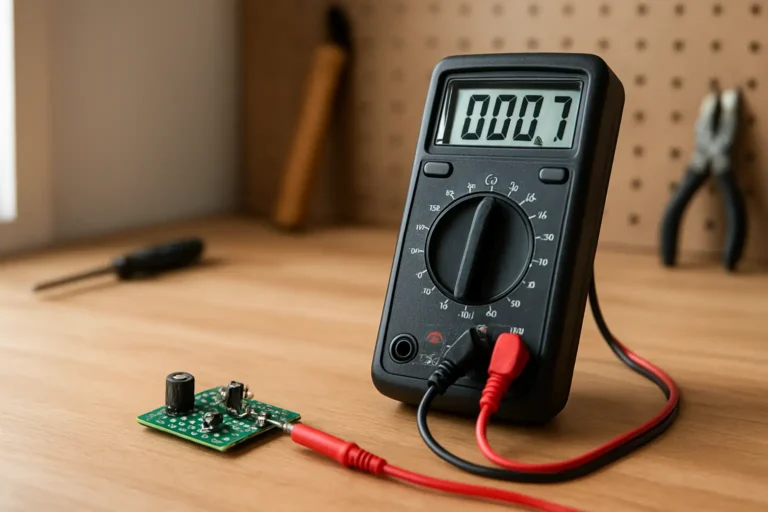 Multimètre en mode ohmmètre sur un établi de bricolage pour tester un circuit électrique