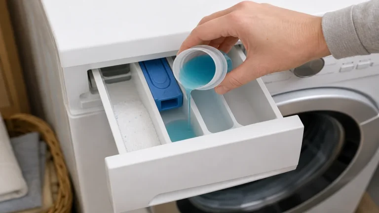 Personne versant de la lessive liquide dans le bac d’une machine à laver