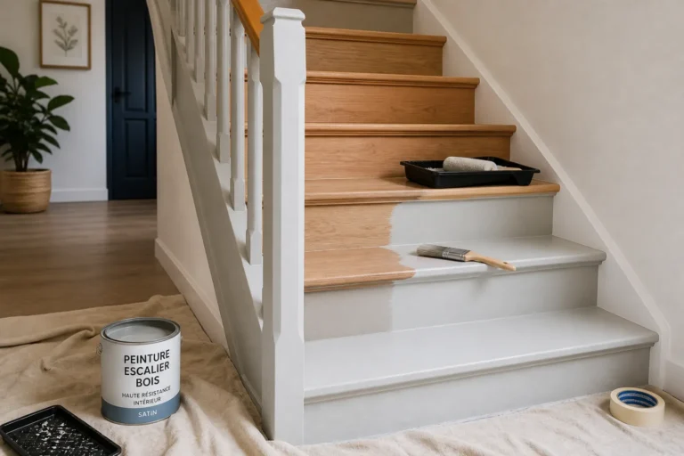 Escalier en bois en cours de peinture avec pinceau, bac à peinture et bâche de protection dans un intérieur moderne.