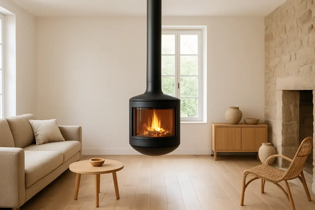 Poêle à bois suspendu installé dans un salon moderne et lumineux