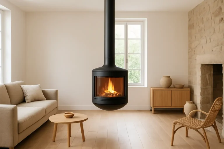 Poêle à bois suspendu installé dans un salon moderne et lumineux