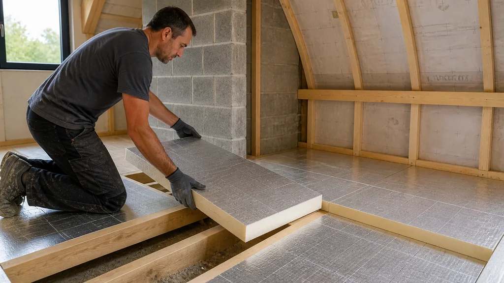 Pose de panneaux en polyuréthane isolant dans des combles en rénovation