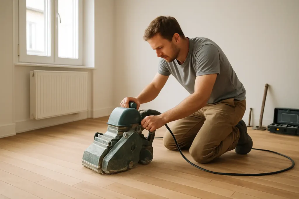 Ponçage parquet avec une ponceuse à parquet dans une pièce lumineuse
