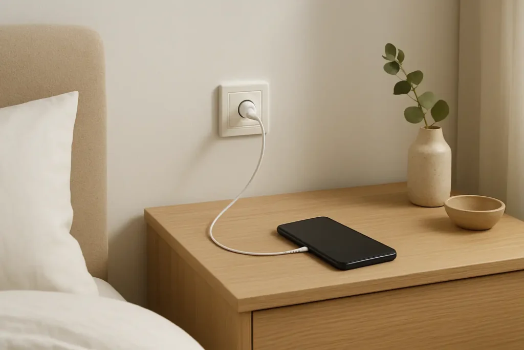 Prise USB murale discrètement intégrée dans un intérieur moderne avec un smartphone en charge