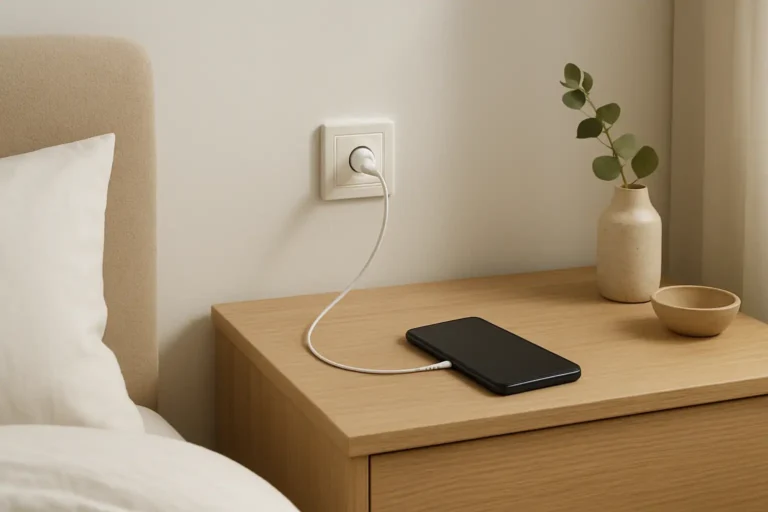 Prise USB murale discrètement intégrée dans un intérieur moderne avec un smartphone en charge