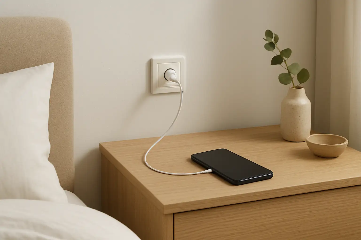 Prise USB murale discrètement intégrée dans un intérieur moderne avec un smartphone en charge