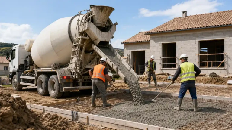 Toupie de béton déversant du béton sur un chantier de maison individuelle avec ouvriers en train de répartir la dalle.