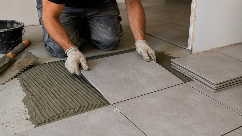 Pose de carrelage au sol par un artisan avec carreaux gris, mortier colle et outils de chantier