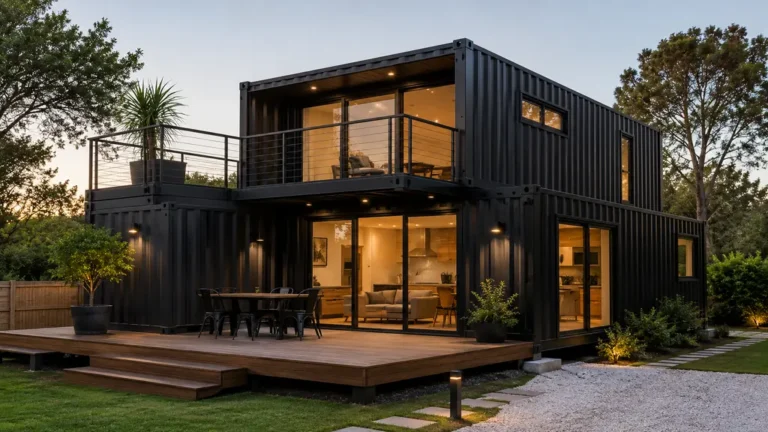 Maison container moderne avec grandes baies vitrées et terrasse en bois dans un jardin aménagé