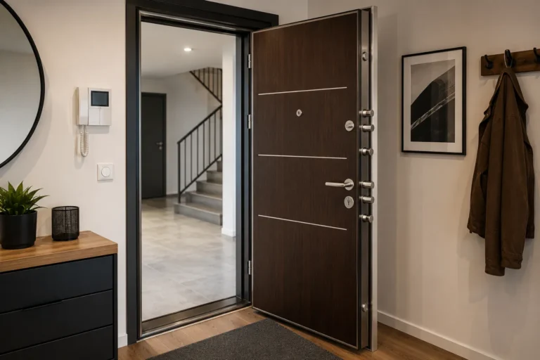 Porte blindée moderne ouverte dans une entrée d’appartement avec serrure multipoints et intérieur sécurisé.
