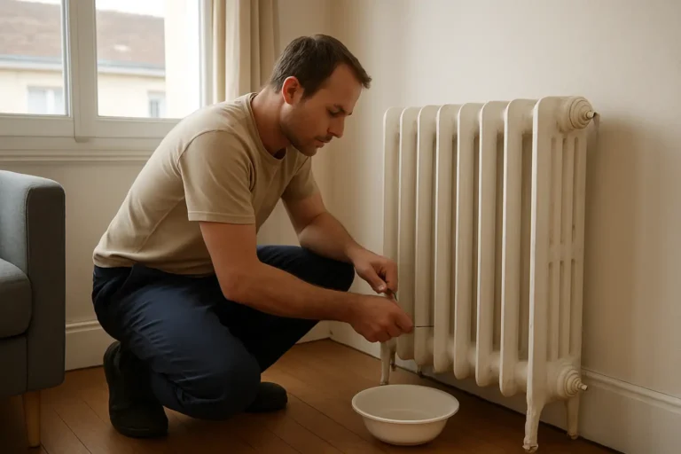 Purge d’un radiateur en fonte dans une maison, avec récipient et outil de bricolage