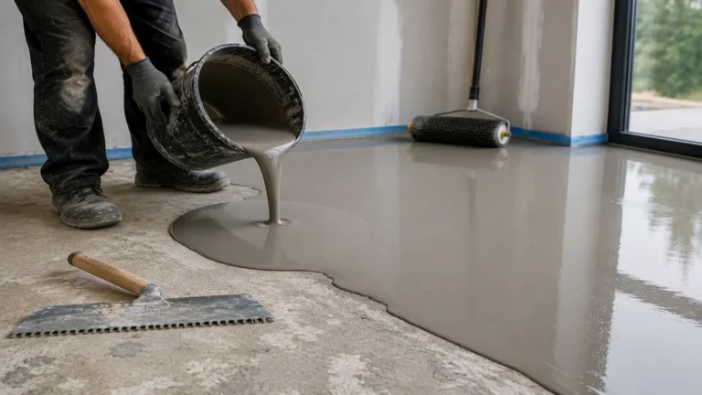 Application d’un ragréage autolissant sur un sol intérieur avant la pose d’un revêtement