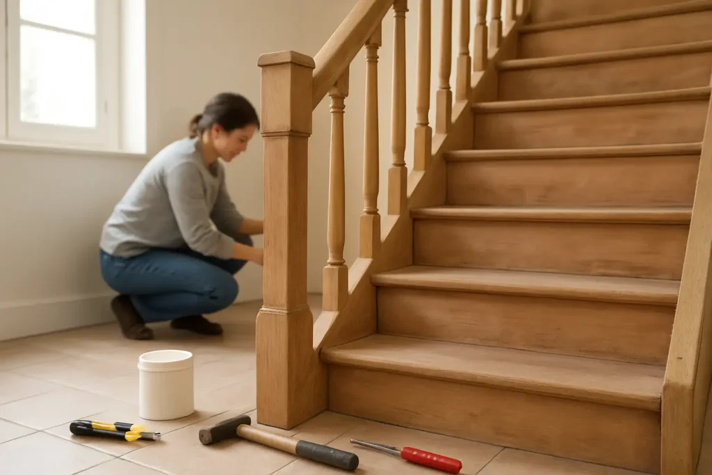 Escalier en bois en cours de rénovation dans une maison, avec ponçage et préparation du support
