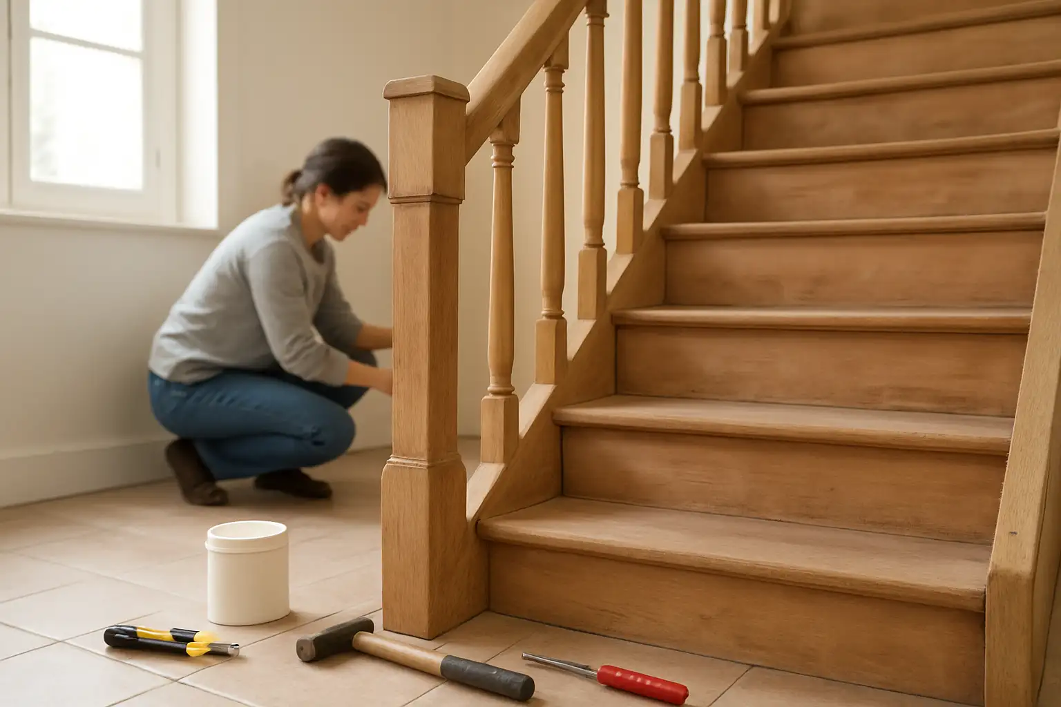 Escalier en bois en cours de rénovation dans une maison, avec ponçage et préparation du support