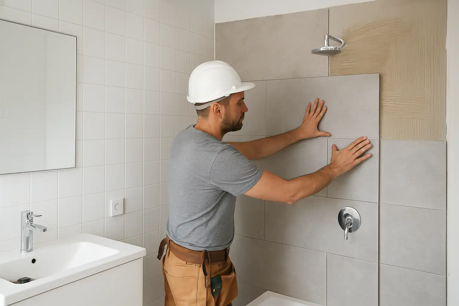 Pose d’un revêtement mural dans une salle de bain moderne
