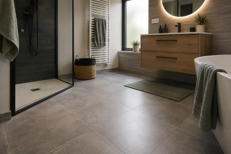 Salle de bain moderne avec sol carrelé gris antidérapant, douche vitrée, meuble en bois et baignoire.