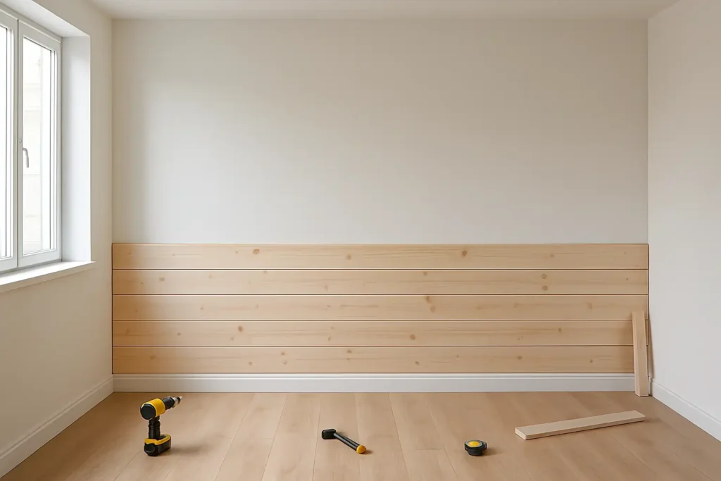 Pose d’un soubassement bois dans une pièce intérieure en rénovation
