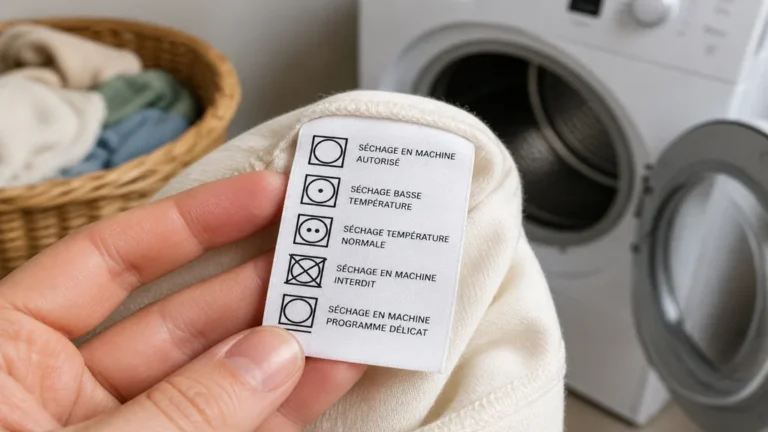 Étiquette textile avec symbole sèche-linge tenue devant un appareil de séchage dans une buanderie lumineuse.