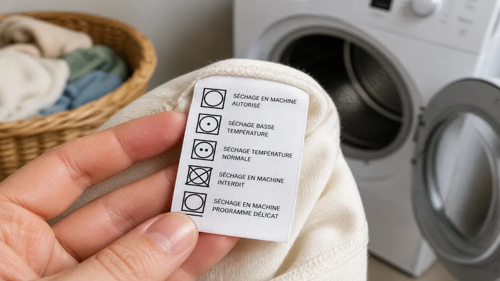 Étiquette textile avec symbole sèche-linge tenue devant un appareil de séchage dans une buanderie lumineuse.