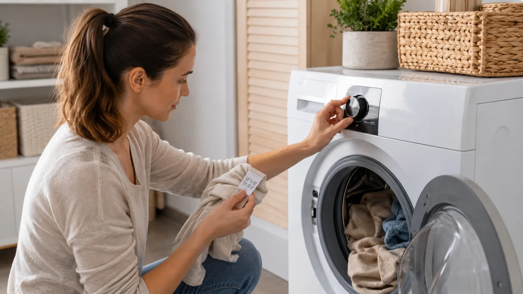 Femme vérifiant l’étiquette d’un vêtement devant une machine à laver ouverte dans une buanderie moderne