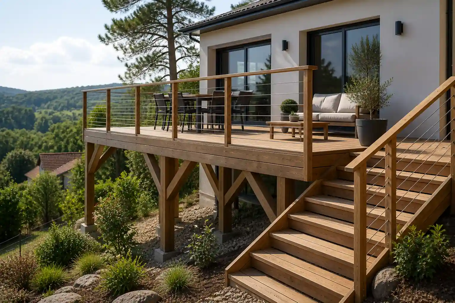 Terrasse sur pilotis en bois attenante à une maison moderne sur terrain en pente