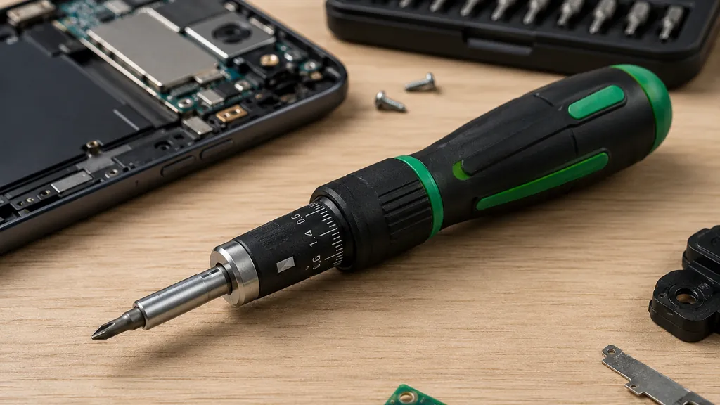 Tournevis dynamométrique utilisé pour un serrage de précision sur un établi avec composants électroniques et embouts de vissage