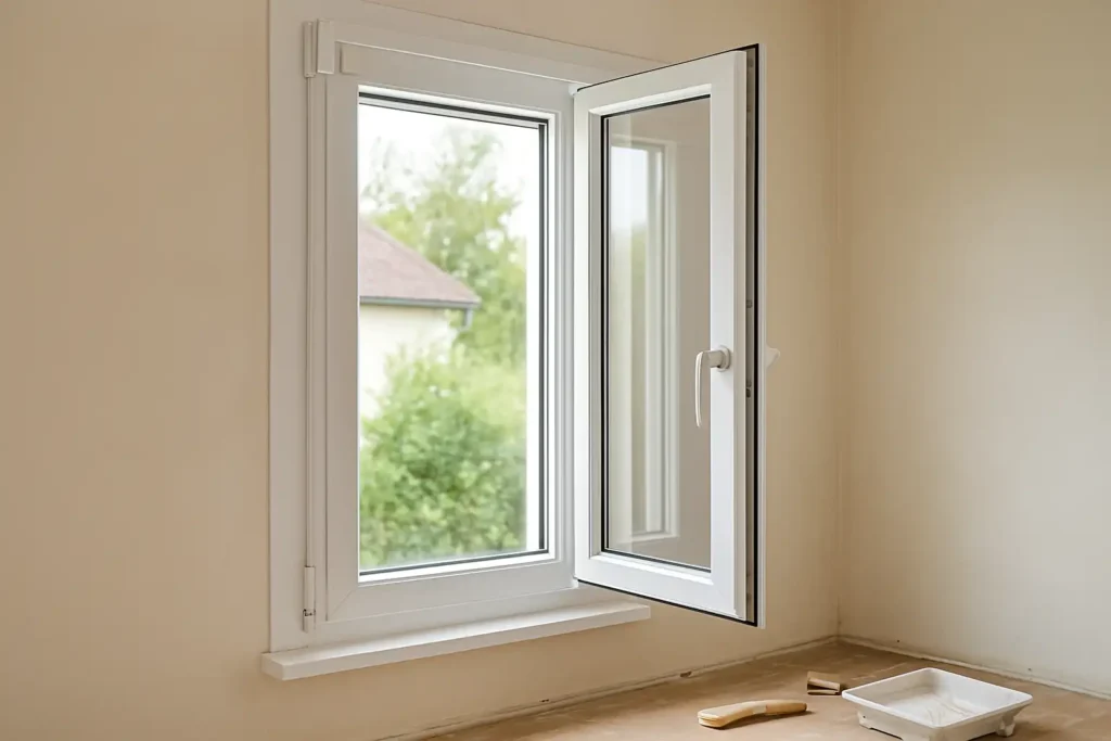 Fenêtre PVC moderne avec aération intégrée en partie haute dans une pièce lumineuse