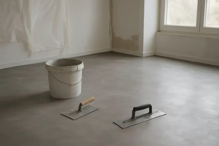 Matériel et sol en béton ciré en cours de finition dans une pièce en rénovation