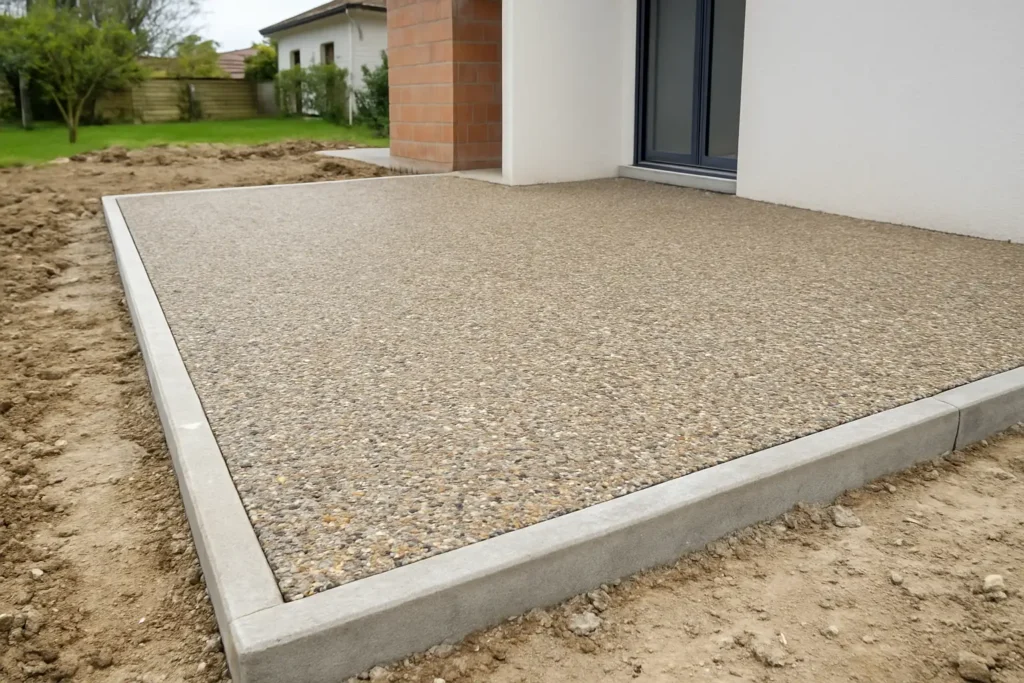 Surface extérieure en béton désactivé avec granulats visibles sur un chantier résidentiel
