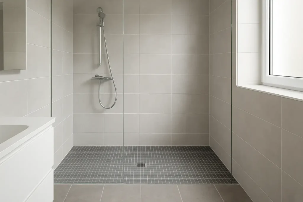 Douche italienne moderne avec carrelage antidérapant et murs carrelés sobres