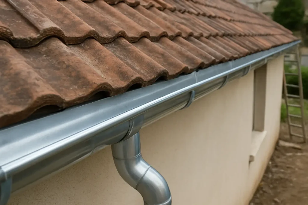 Chéneau toiture en métal sur une maison, avec évacuation de pluie et toiture en entretien