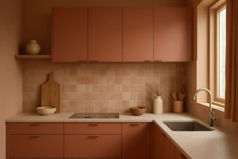 Cuisine terracotta moderne avec meubles couleur terre cuite et matériaux naturels
