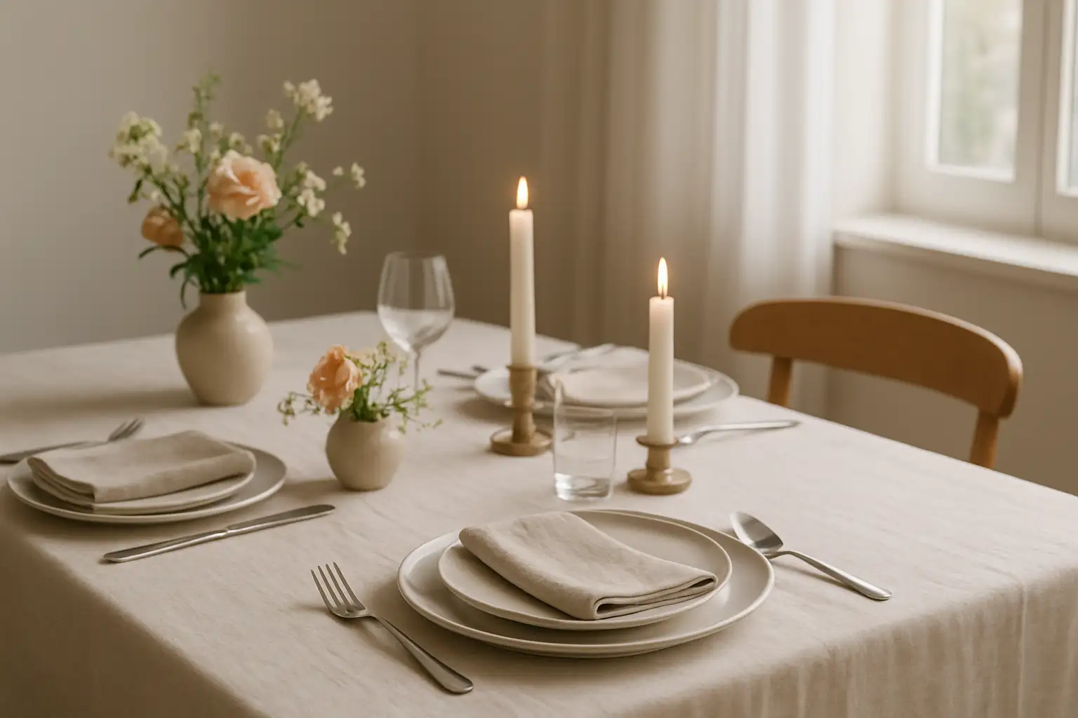Table élégamment décorée avec vaisselle, bougies et fleurs pour une déco de tables réussie