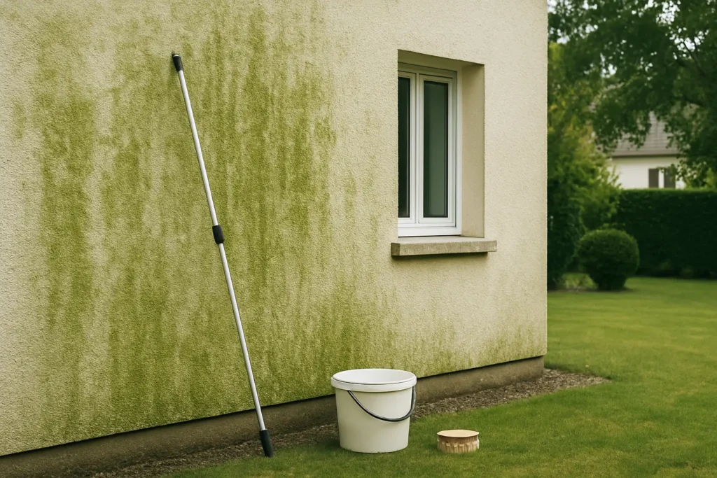 Façade de maison en cours de démoussage avec mousse visible sur le mur extérieur