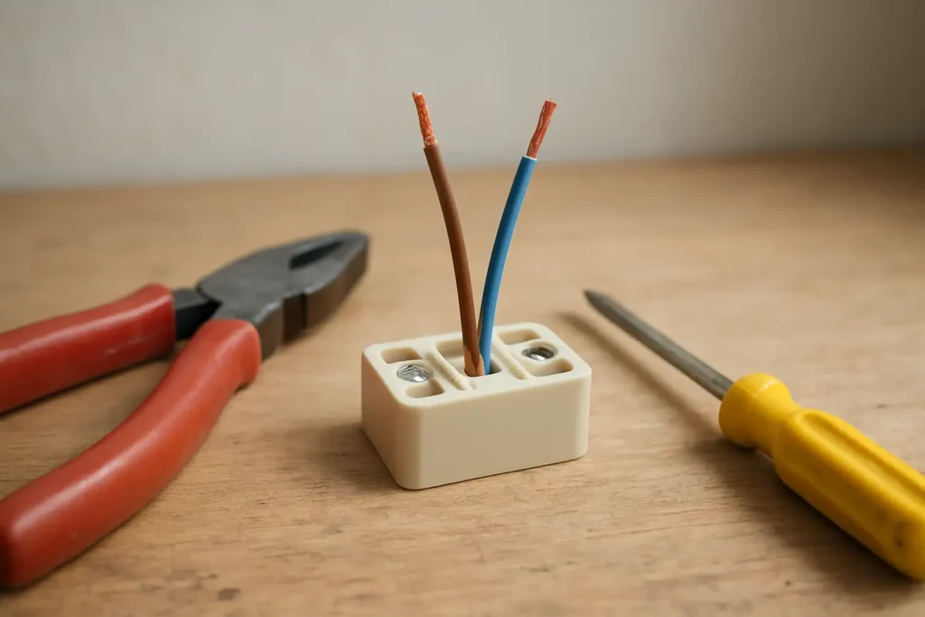 Domino électrique et fils préparés pour un raccordement domestique