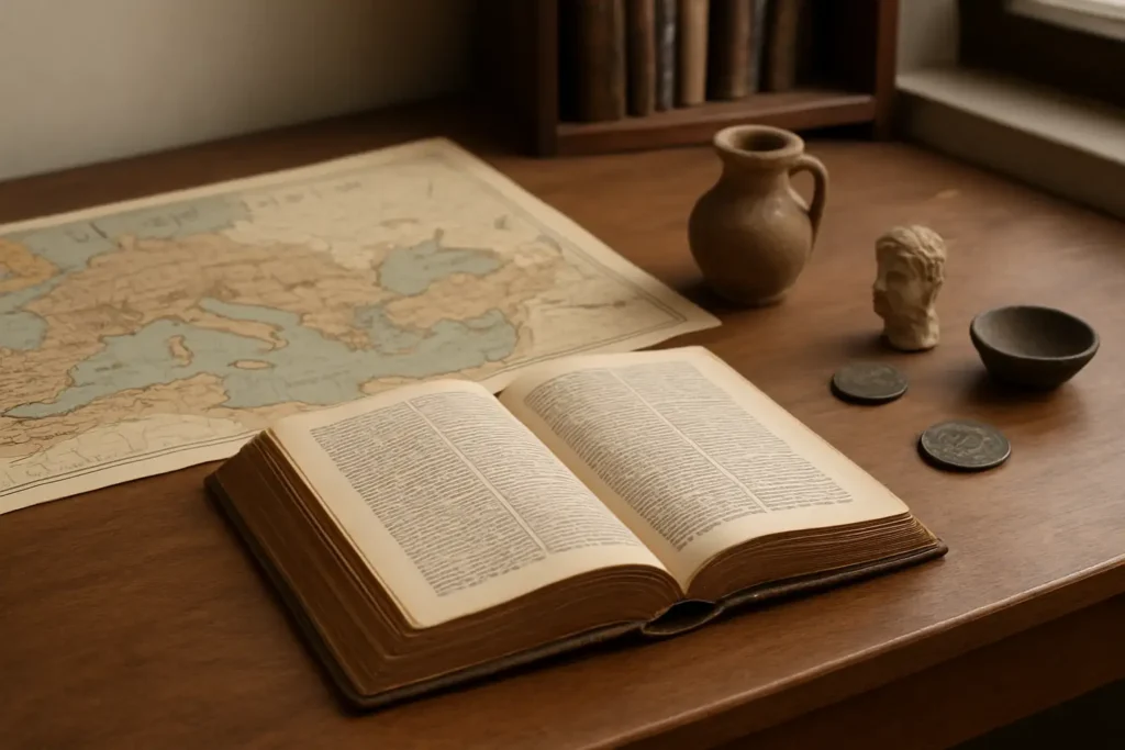 Livre ouvert et carte de l’Empire romain sur un bureau historique