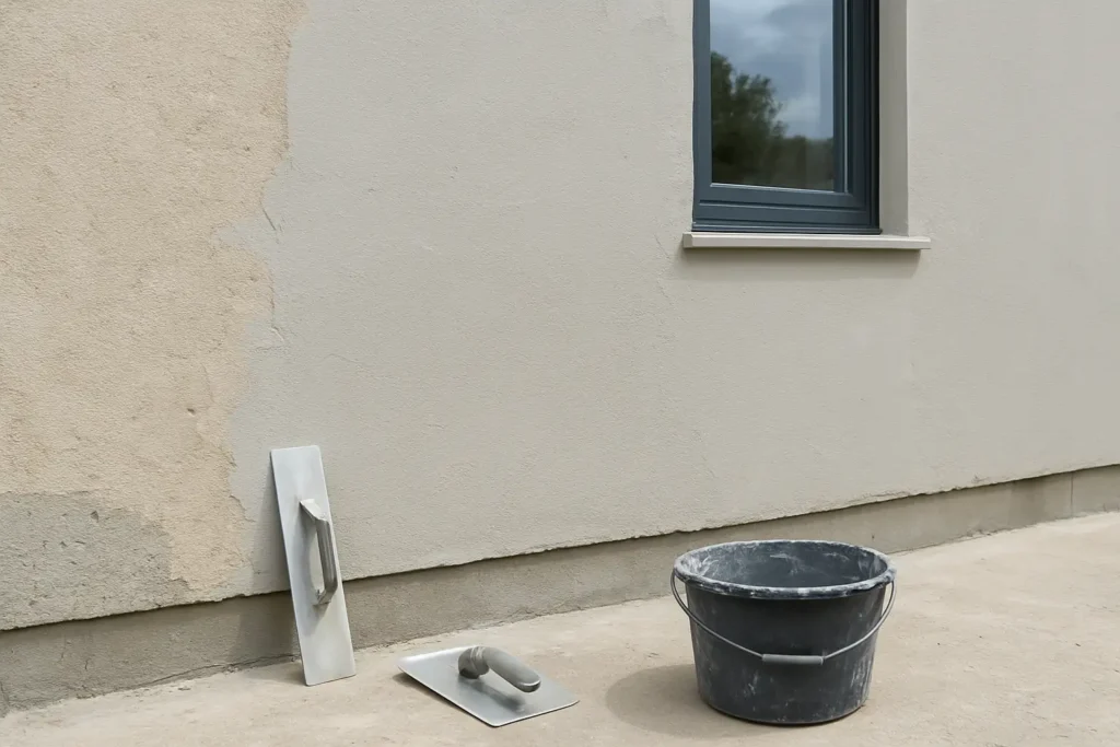 Façade en rénovation avec application d’un enduit monocouche sur un mur extérieur